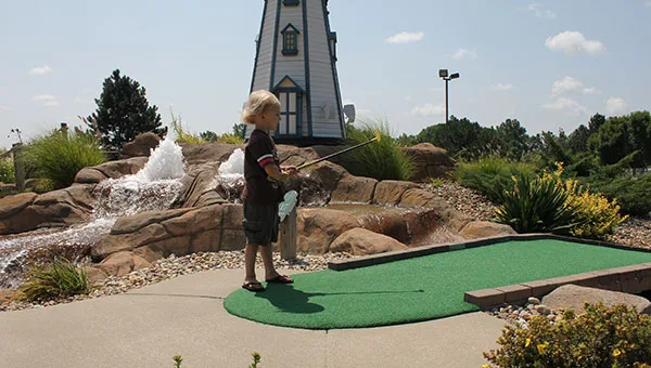 Miniature golf hole with landscaping at Hidden Pointe